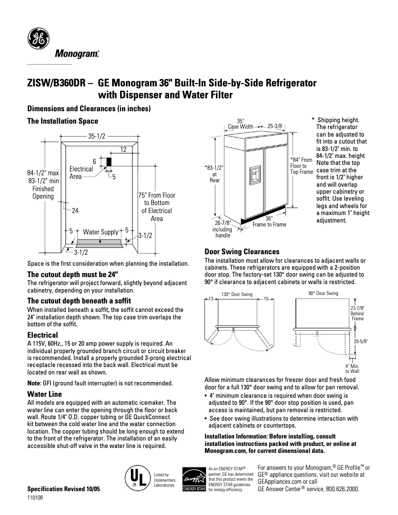 Page 1 of the manual Technical Sheet GE ZISW360DR