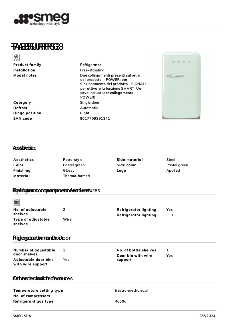 Page n°1 - Fiche technique Smeg FAB5URPG3