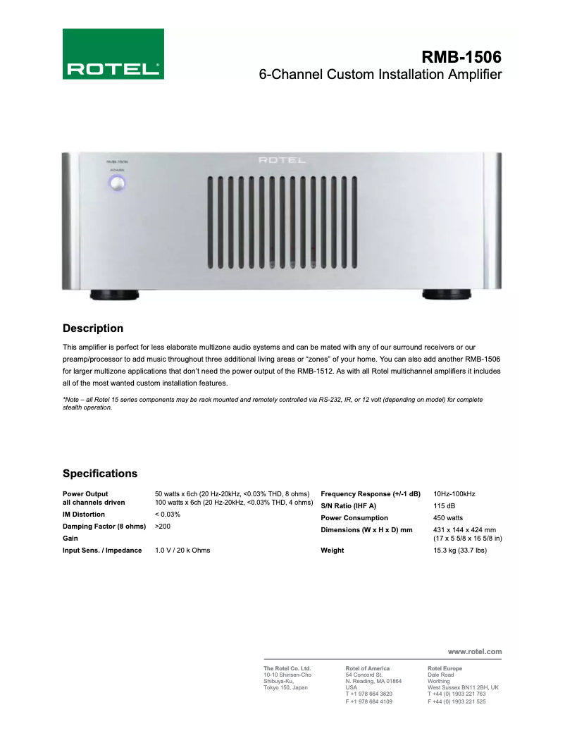 Page 1 de la notice Fiche technique Rotel RMB-1506