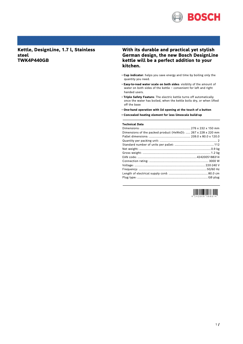 Page n°1 - Fiche technique Bosch DesignLine TWK4P440