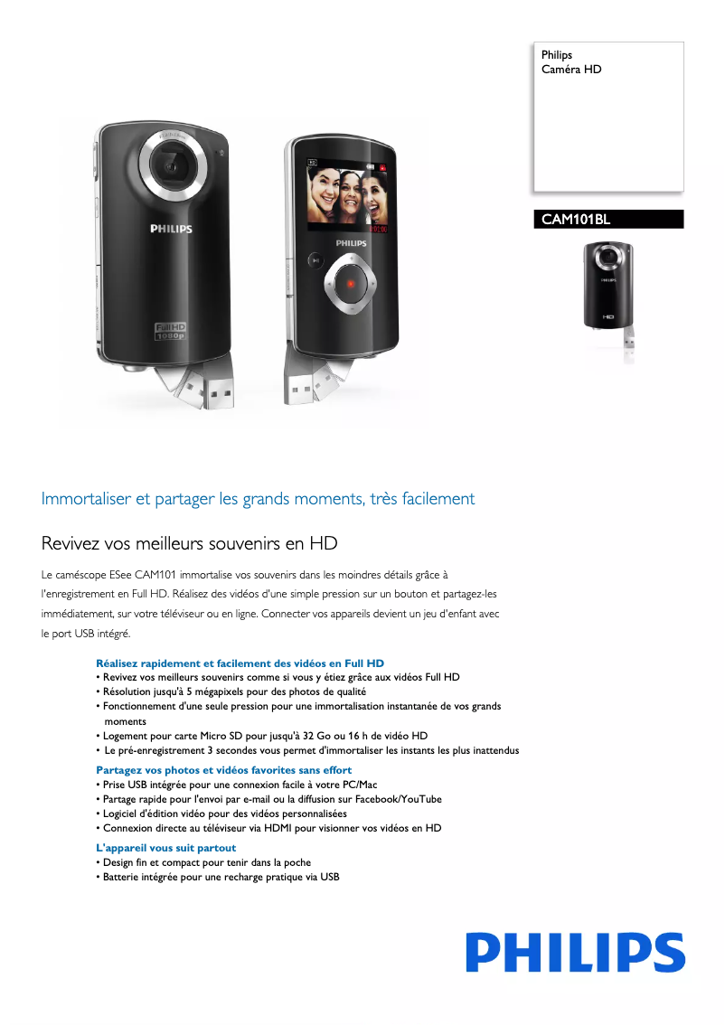 Page n°1 - Fiche technique Philips CAM101