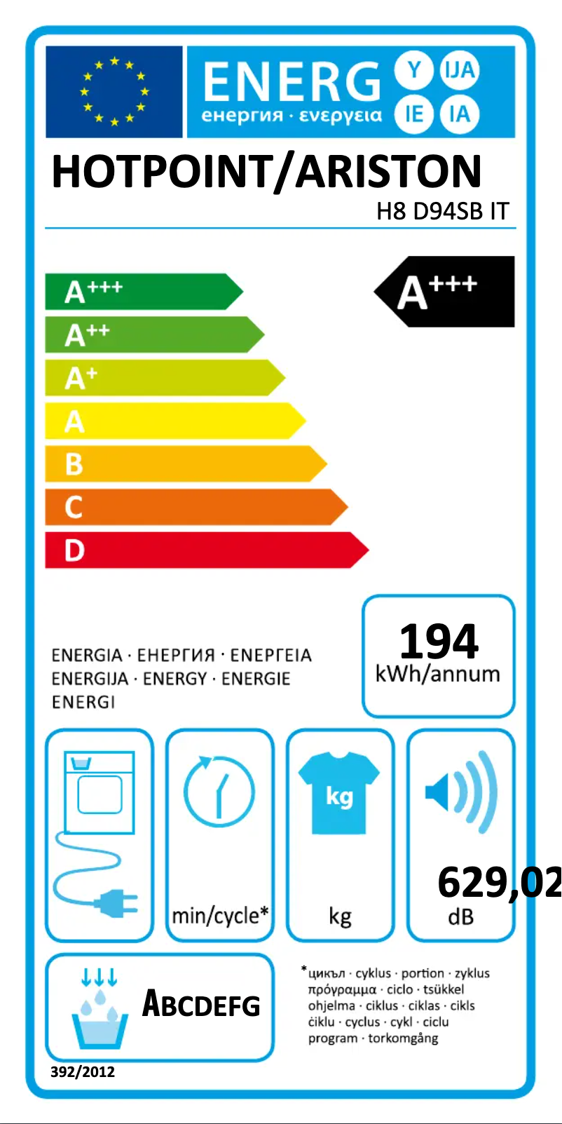 Page n°1 - Label énergétique Hotpoint H8 D94SB IT