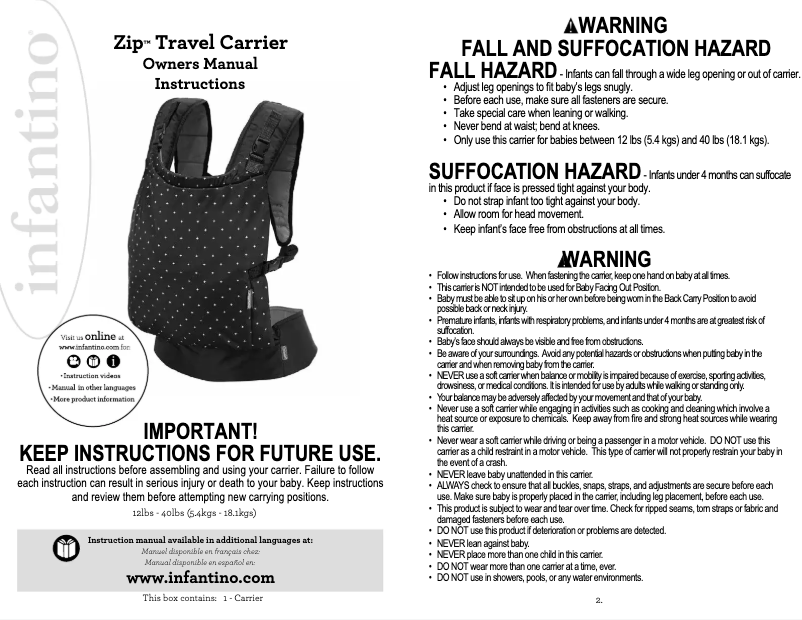 Page 1 de la notice Manuel utilisateur Infantino Zip