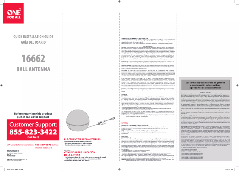 Page 1 de la notice Manuel utilisateur One for all 16662