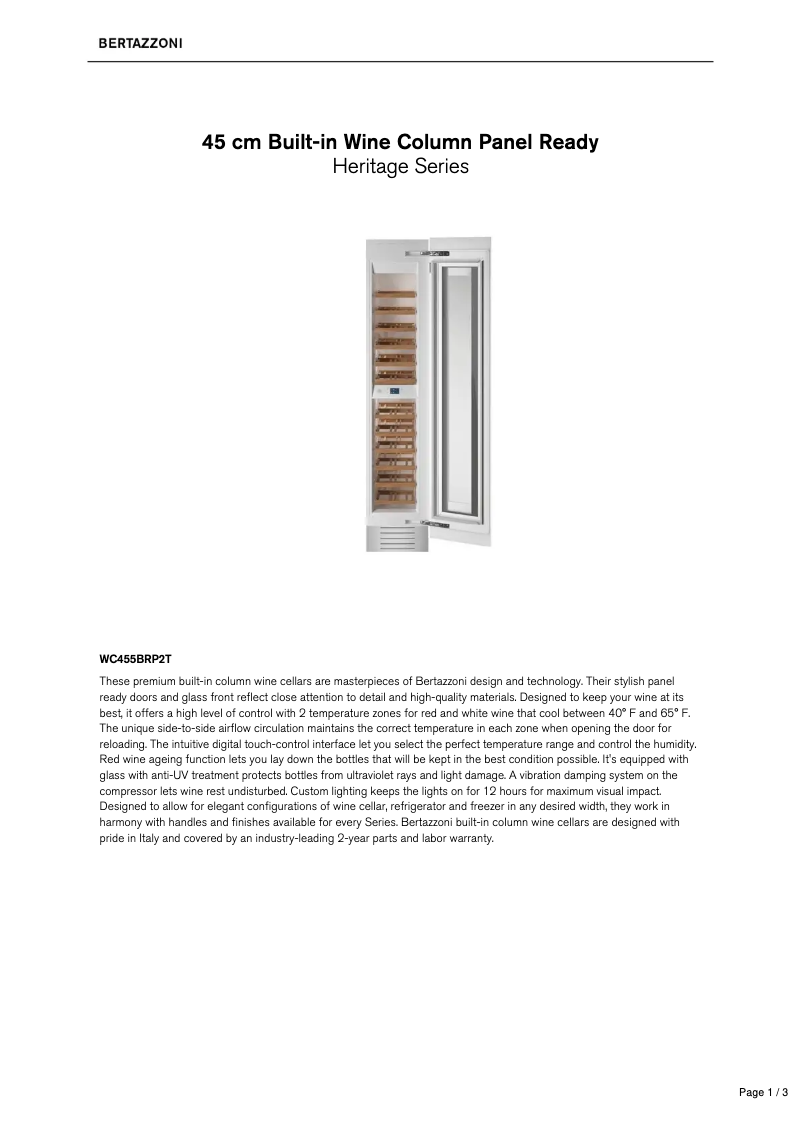 Page 1 de la notice Fiche technique Bertazzoni WC455BRP2T