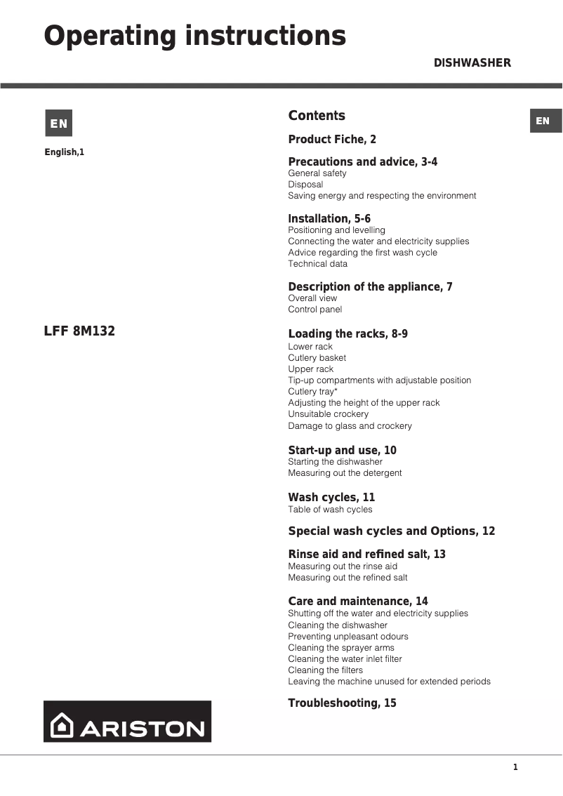 Page 1 de la notice Manuel utilisateur Ariston Thermo LFF 8M132 CX AUS
