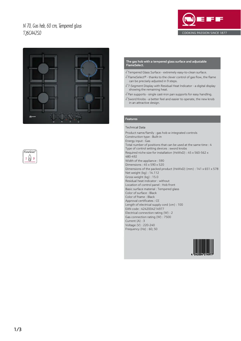 Page 1 de la notice Fiche technique Neff T26CA42S0