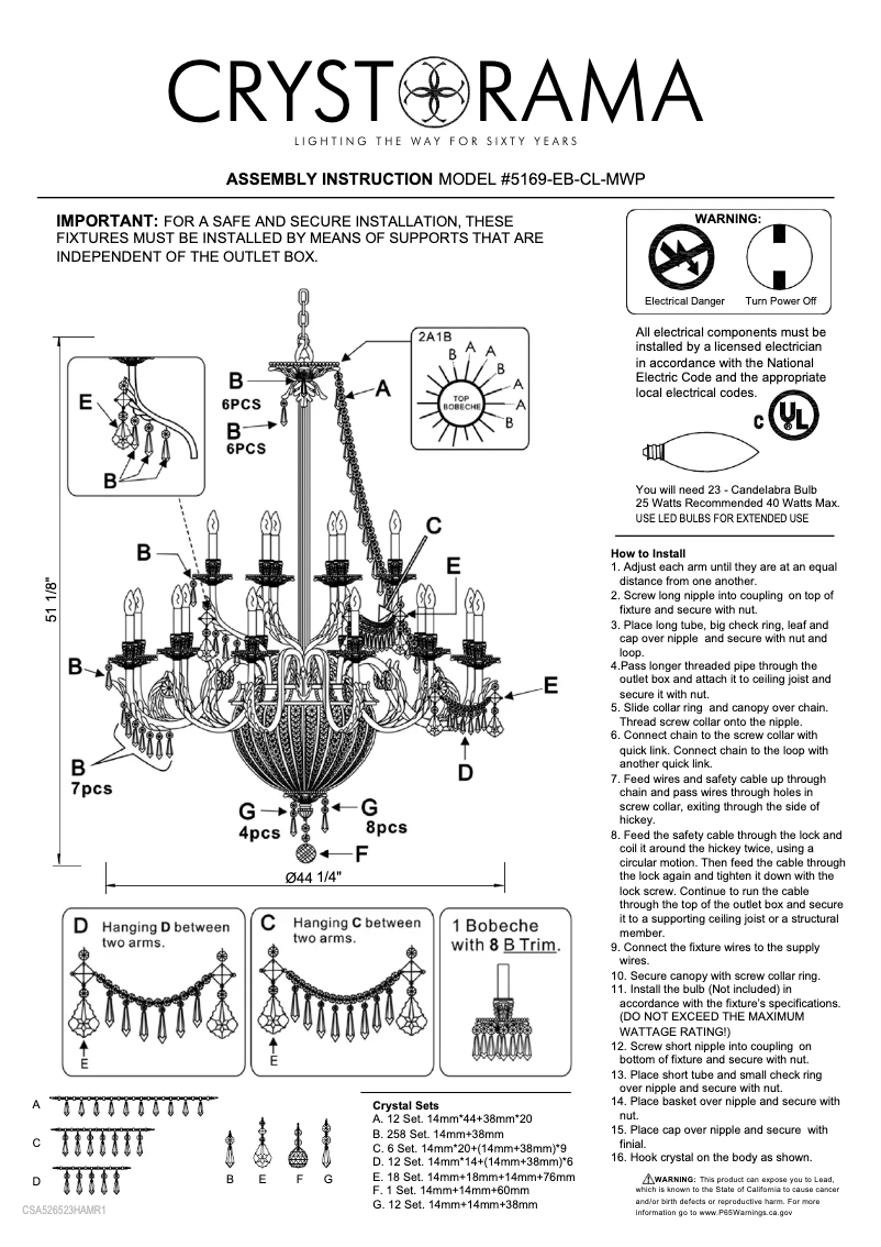 Page 1 de la notice Manuel utilisateur Crystorama Vanderbilt 5169-EB-CL-MWP