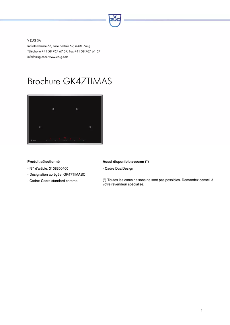 Page n°1 - Manuel utilisateur V-Zug GK47TIMASC