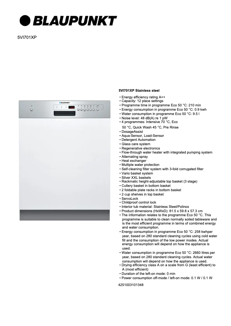 Page 1 de la notice Fiche technique Blaupunkt 5VI701XP