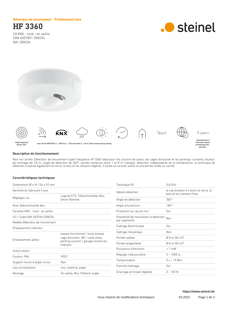 Page 1 de la notice Fiche technique Steinel HF 3360 KNX