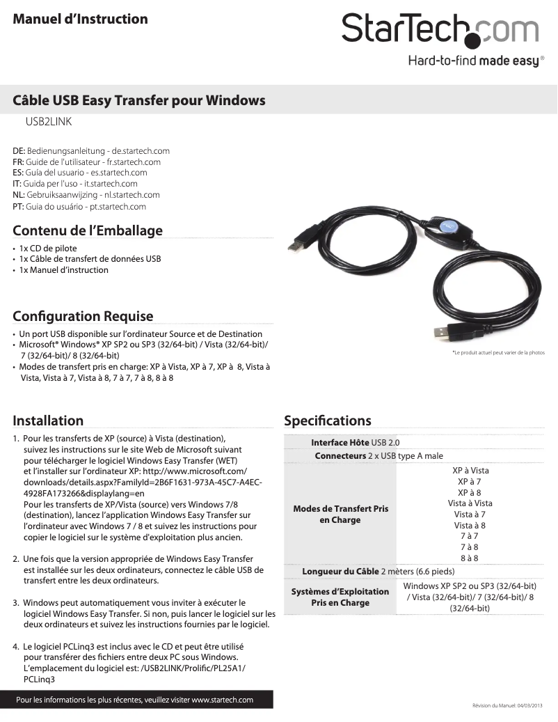 Page 1 de la notice Manuel utilisateur StarTech.com USB2LINK