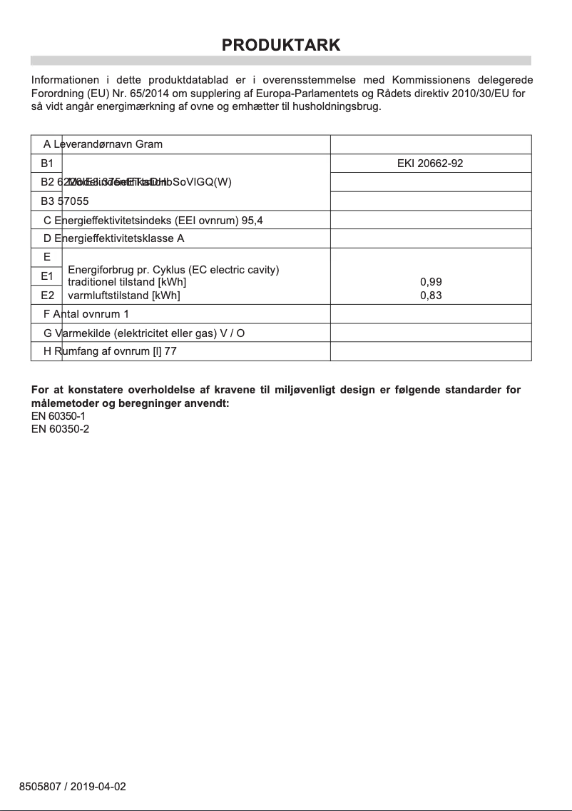 Page n°1 - Label énergétique Gram EKI 20662-92