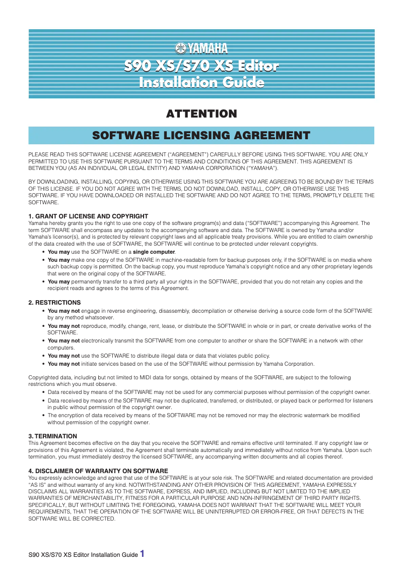 Page n°1 - Guide d'installation Yamaha S70 XS
