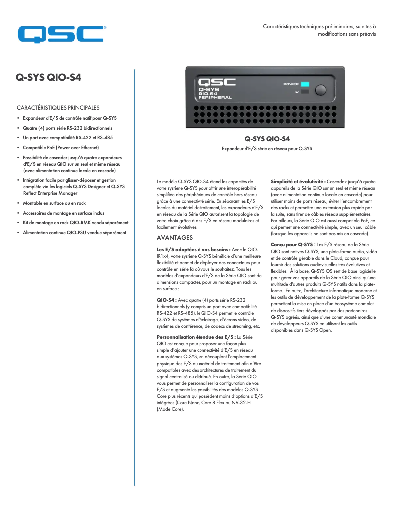 Page 1 de la notice Fiche technique QSC QIO-S4