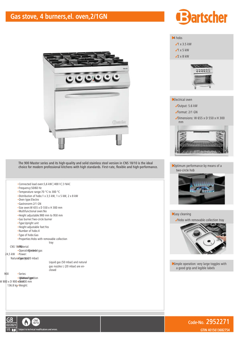 Page 1 de la notice Fiche technique Bartscher 2952271