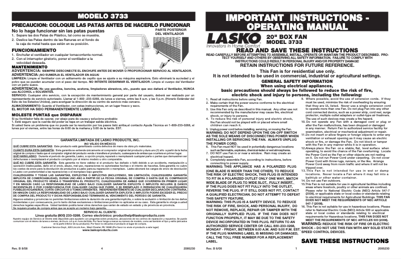 Page 1 de la notice Manuel utilisateur Lasko B20201