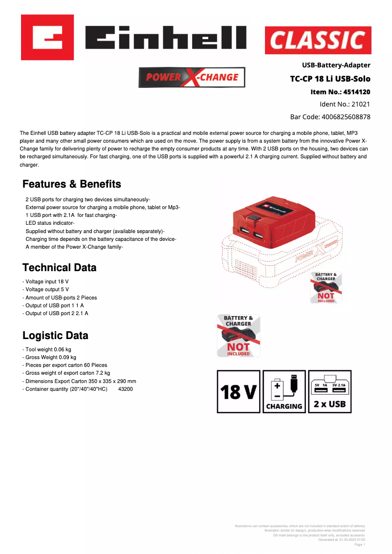 Page 1 de la notice Fiche technique Einhell TC-CP 18 Li USB