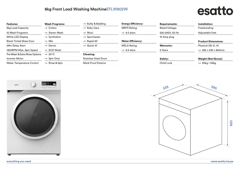 Page 1 de la notice Fiche technique Esatto EFLW802W