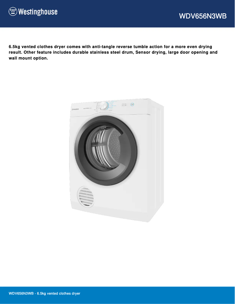 Página 1 del manual Ficha técnica Westinghouse WDV656N3WB