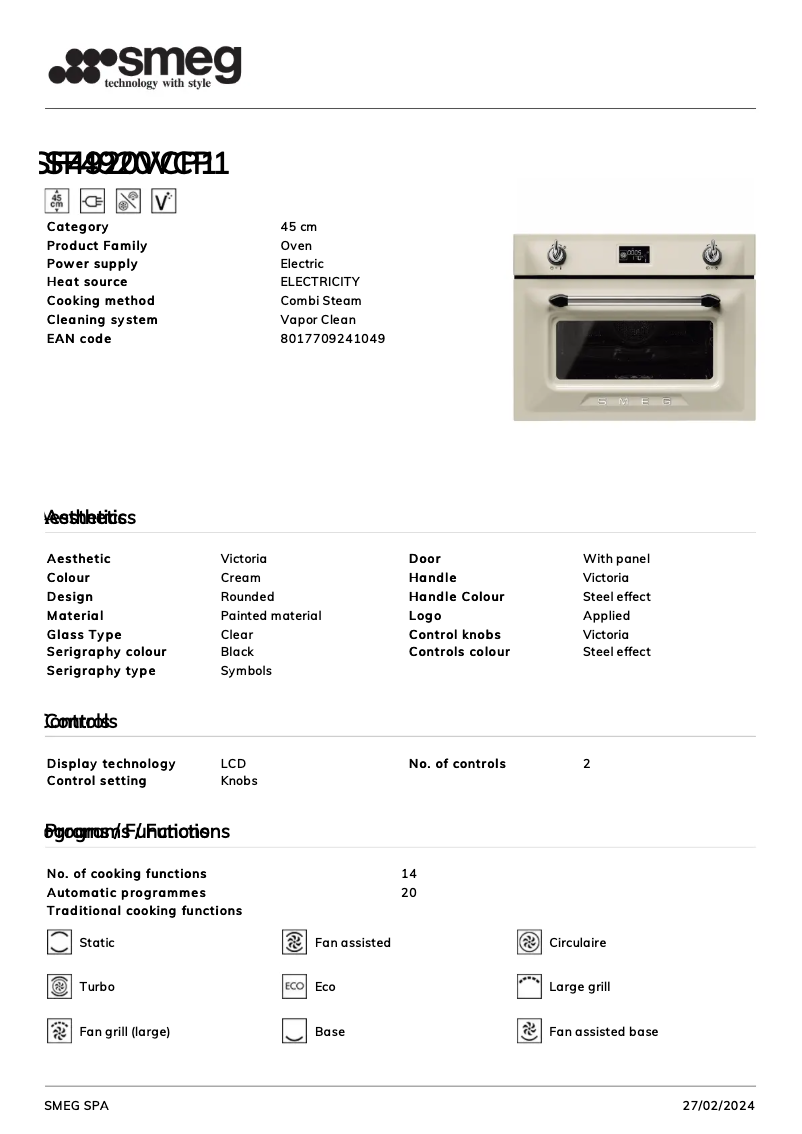 Página 1 del manual Ficha técnica Smeg SF4920VCP1