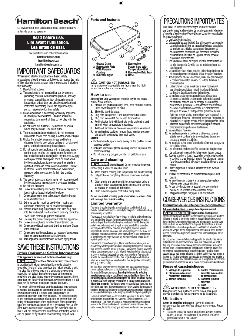 Page 1 de la notice Manuel utilisateur Hamilton Beach Reversible Durathon 38519