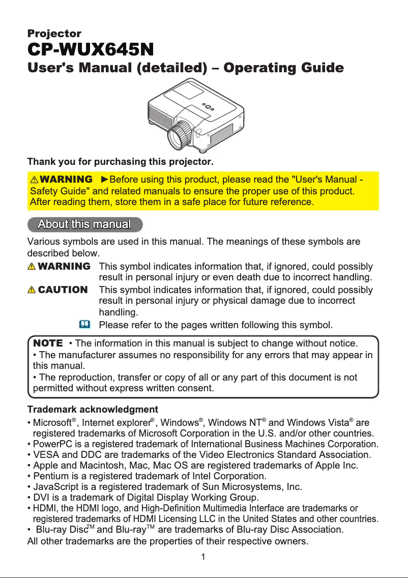 Page n°1 - Manuel utilisateur Hitachi CP-WUX645N