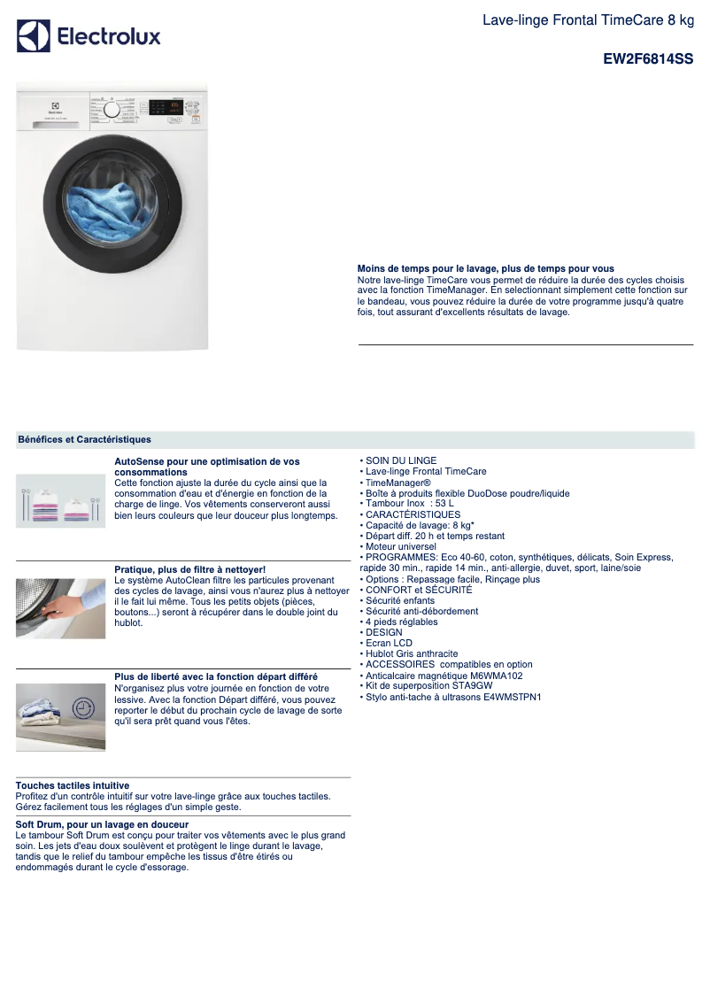 Page 1 de la notice Fiche technique Electrolux EW2F6814SS