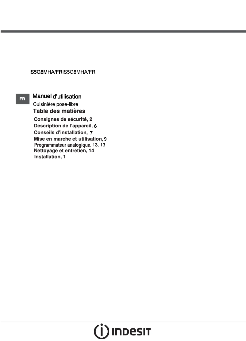 Page 1 de la notice Manuel utilisateur Indesit IS5G8MHA/FR