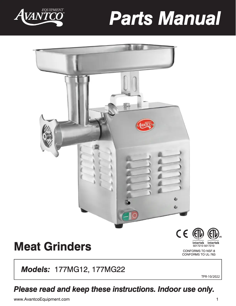 Page 1 de la notice Manuel utilisateur Avantco MG12