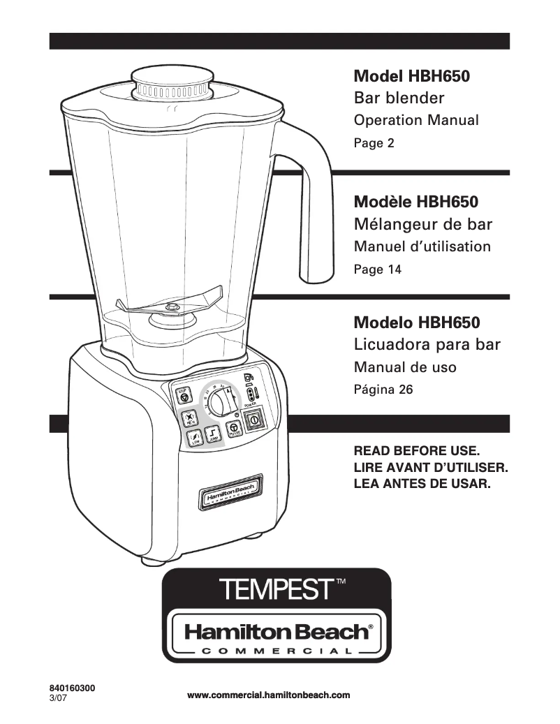 Page n°1 - Manuel utilisateur Hamilton Beach Tempest HBH650