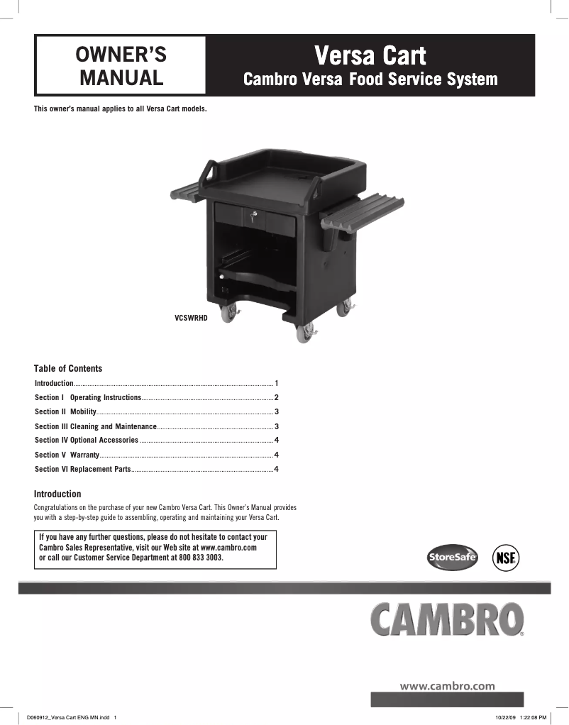 Page n°1 - Manuel utilisateur Cambro VCSWR158