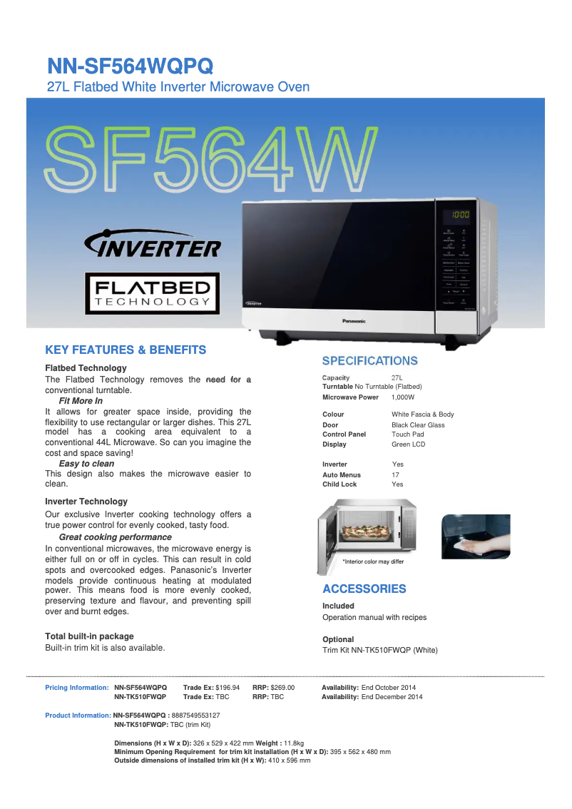 Page 1 de la notice Fiche technique Panasonic Inverter NN-SF564W