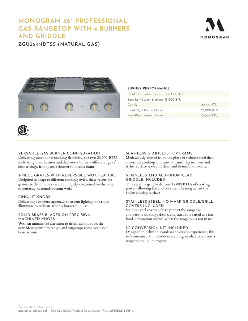 Page 1 de la notice Fiche technique Monogram ZGU364NDTSS