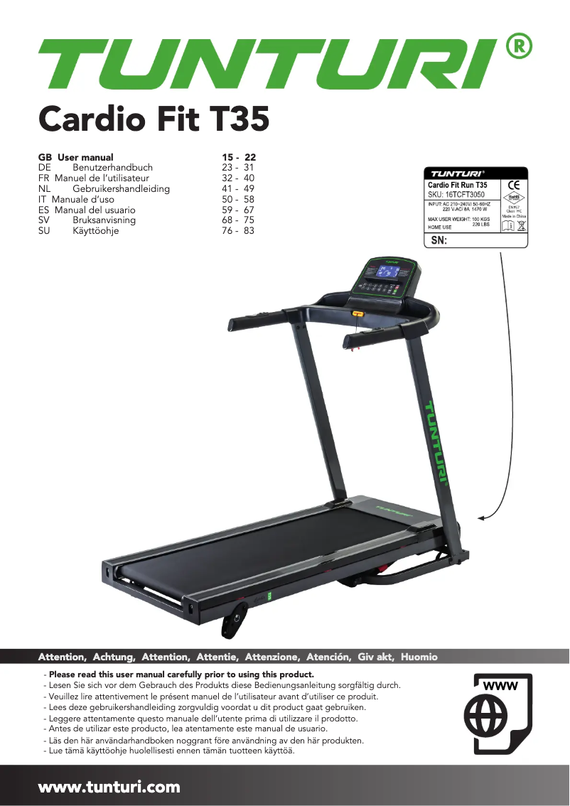 Page 1 de la notice Manuel utilisateur Tunturi Cardio Fit T35