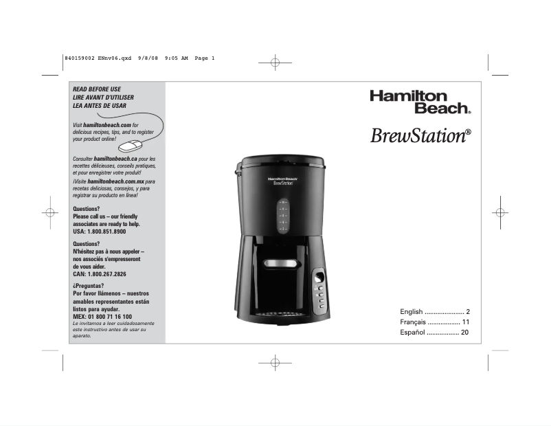 Page n°1 - Manuel utilisateur Hamilton Beach BrewStation 47380