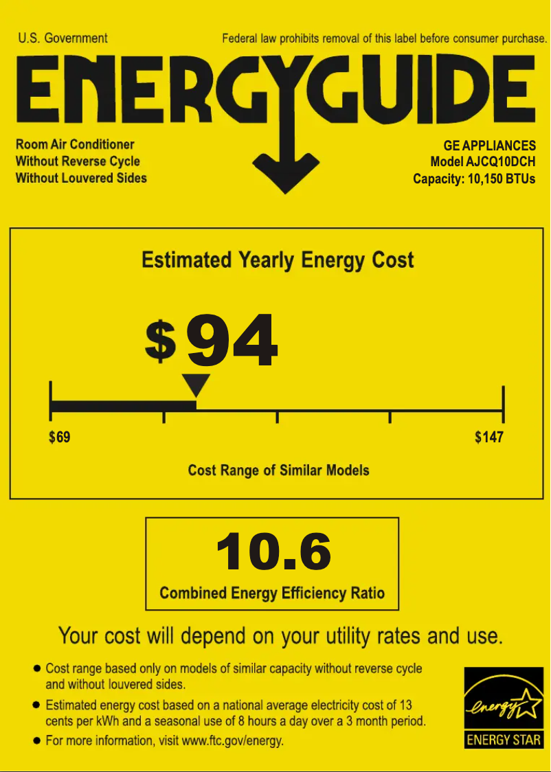 Page 1 de la notice Label énergétique GE AJCQ10DCH