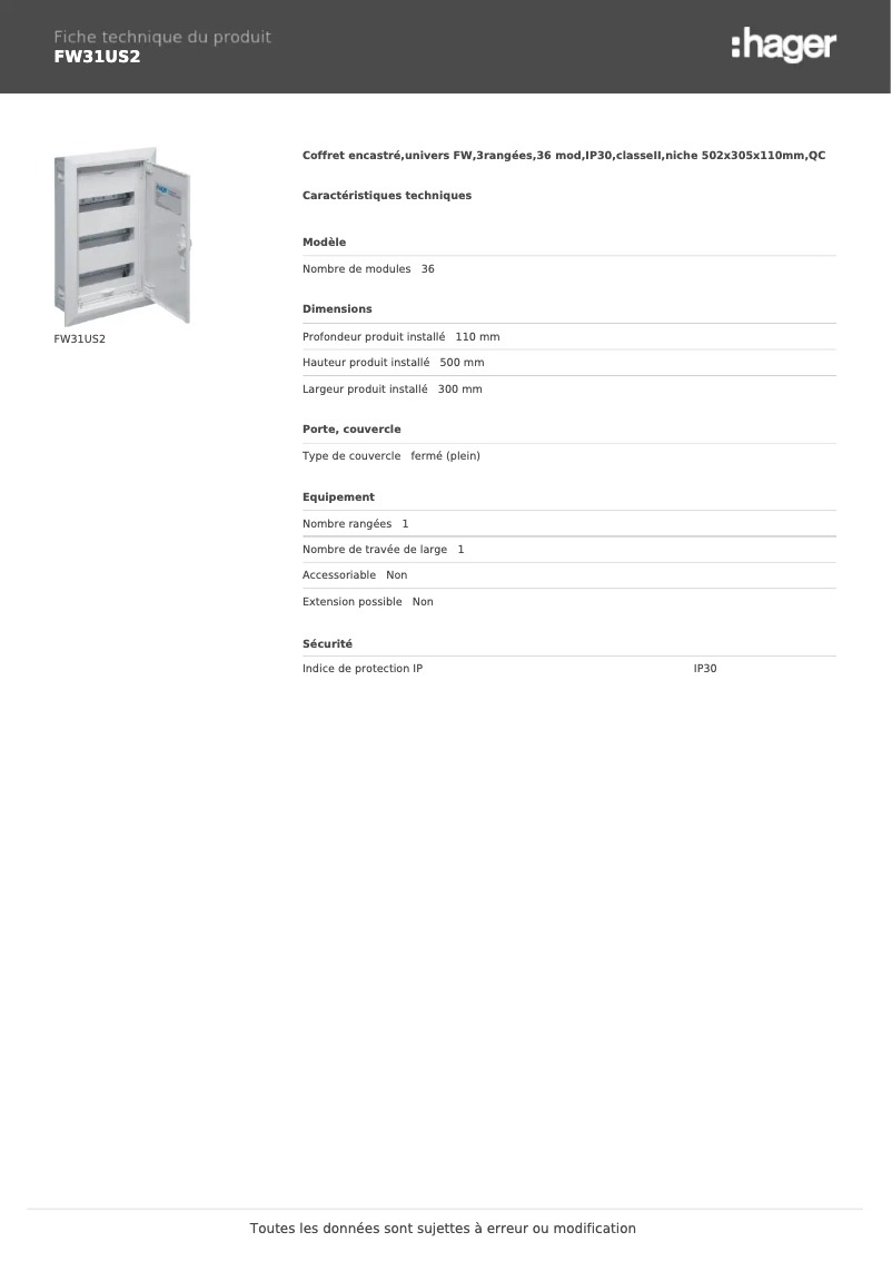 Page n°1 - Manuel utilisateur Hager FW31US2