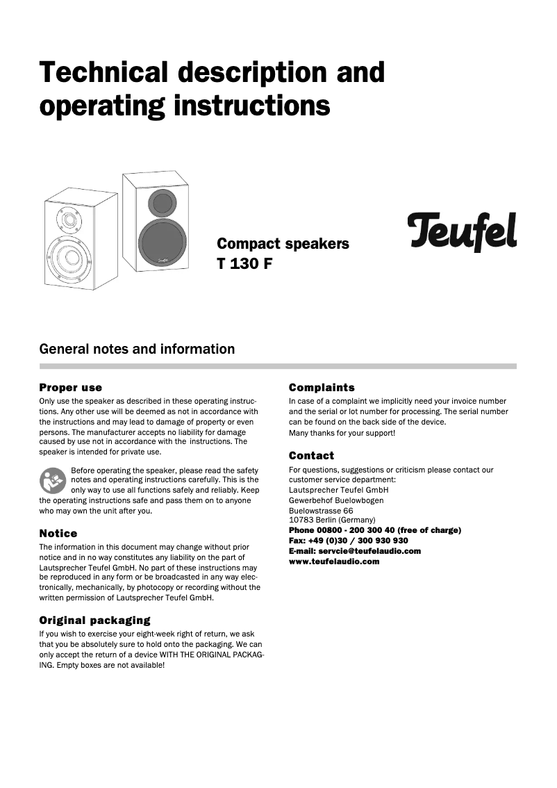 Page n°1 - Manuel utilisateur Teufel T 130 F