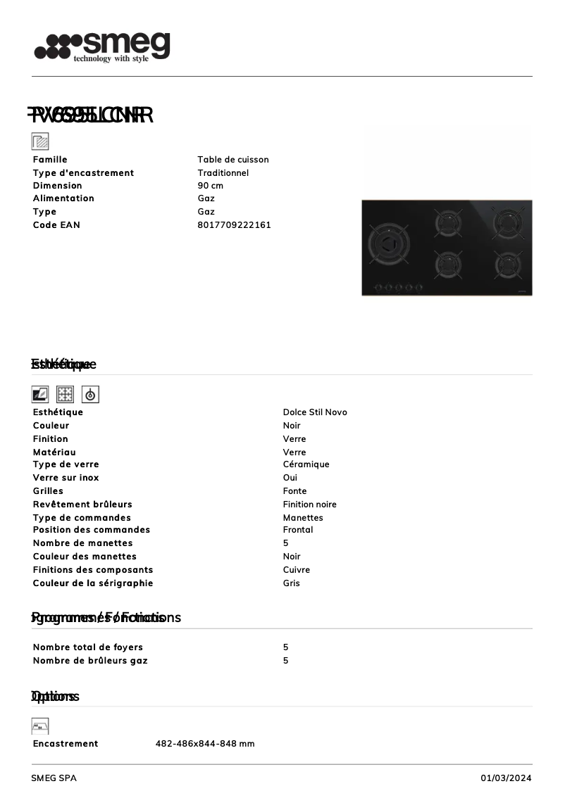 Page 1 de la notice Fiche technique Smeg PV695LCNR