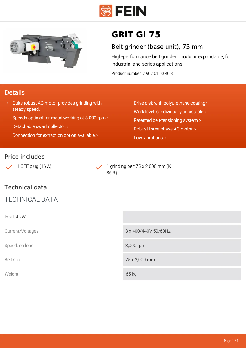 Page n°1 - Fiche technique Fein GRIT GI 75