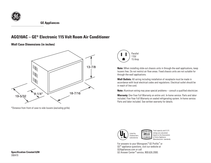 Page n°1 - Fiche technique GE AGQ10AC