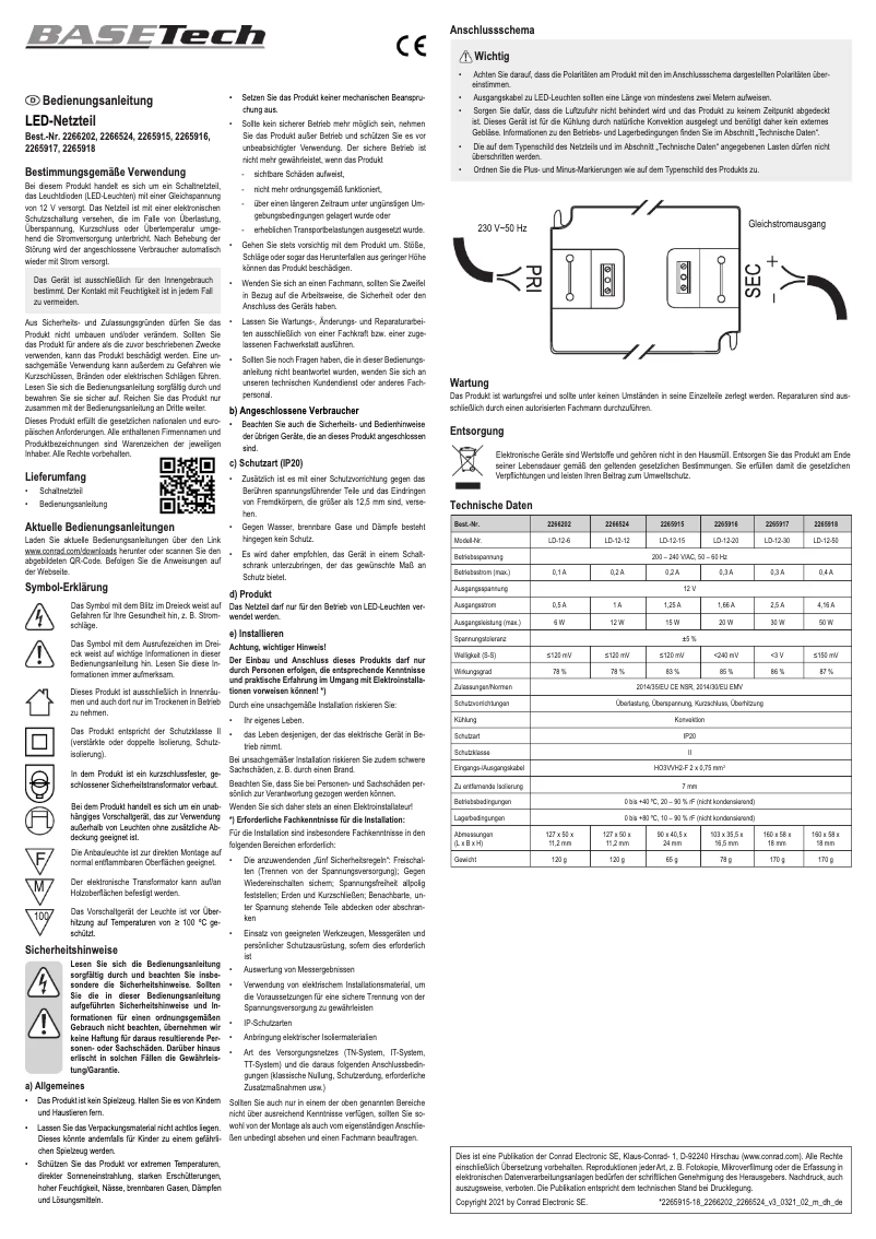 Page n°1 - Manuel utilisateur BaseTech LD-12-20