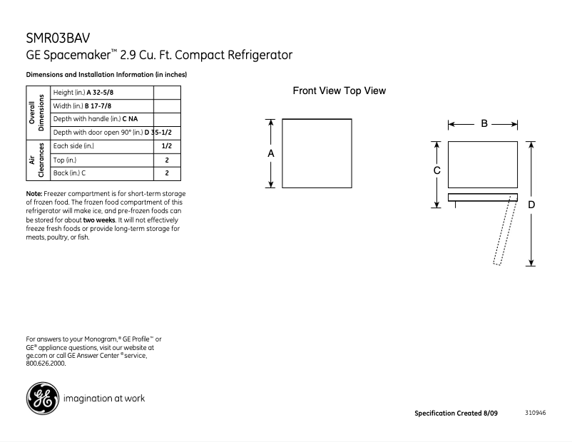 Page 1 de la notice Fiche technique GE SMR03BAVBB