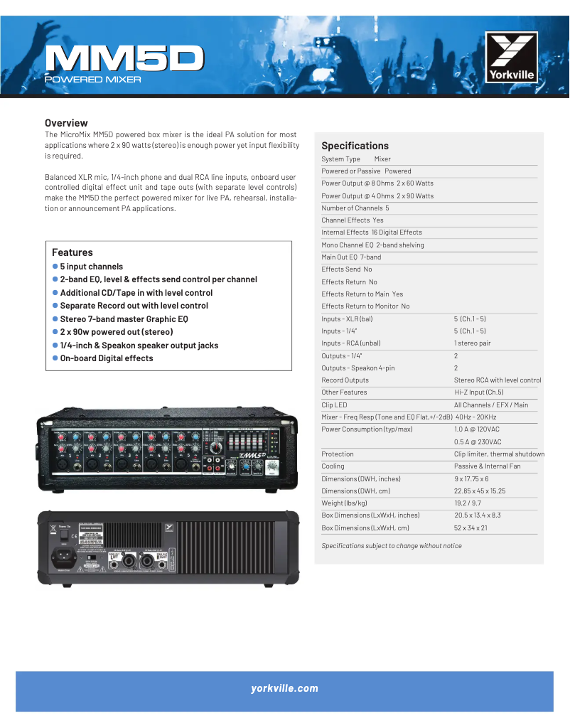 Page 1 de la notice Fiche technique Yorkville MM5D