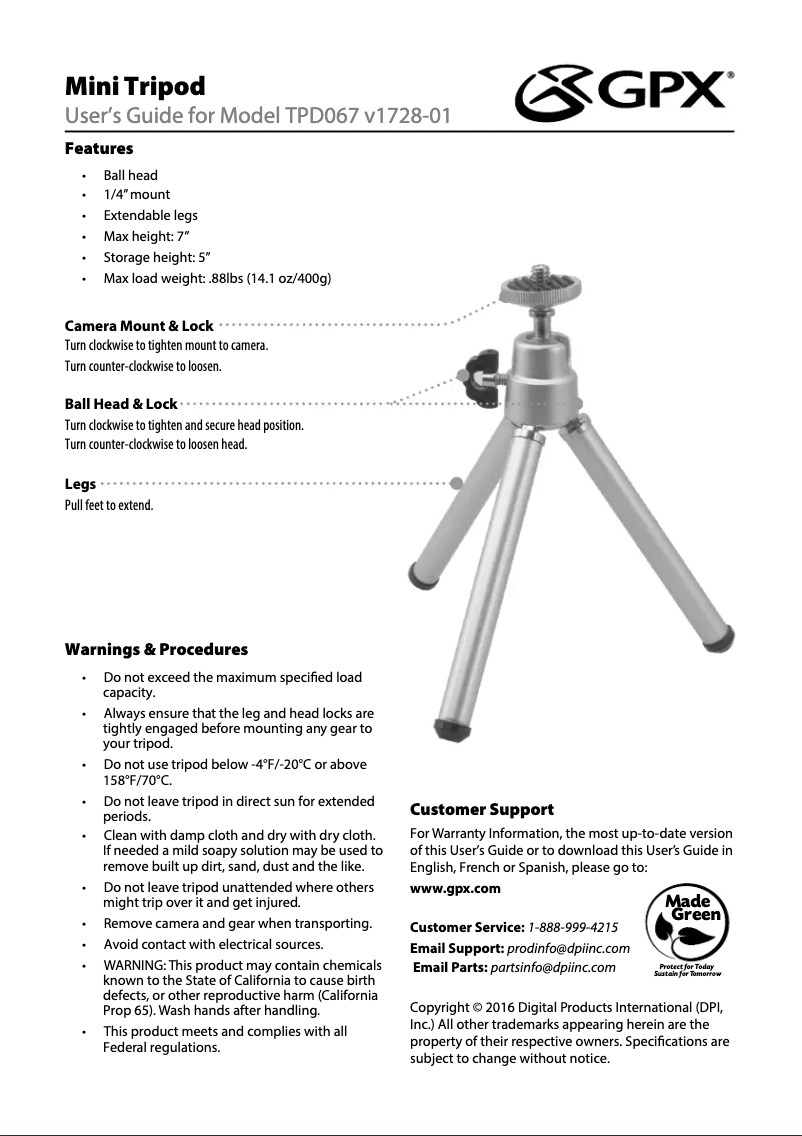 Page n°1 - Manuel utilisateur GPX TPD067