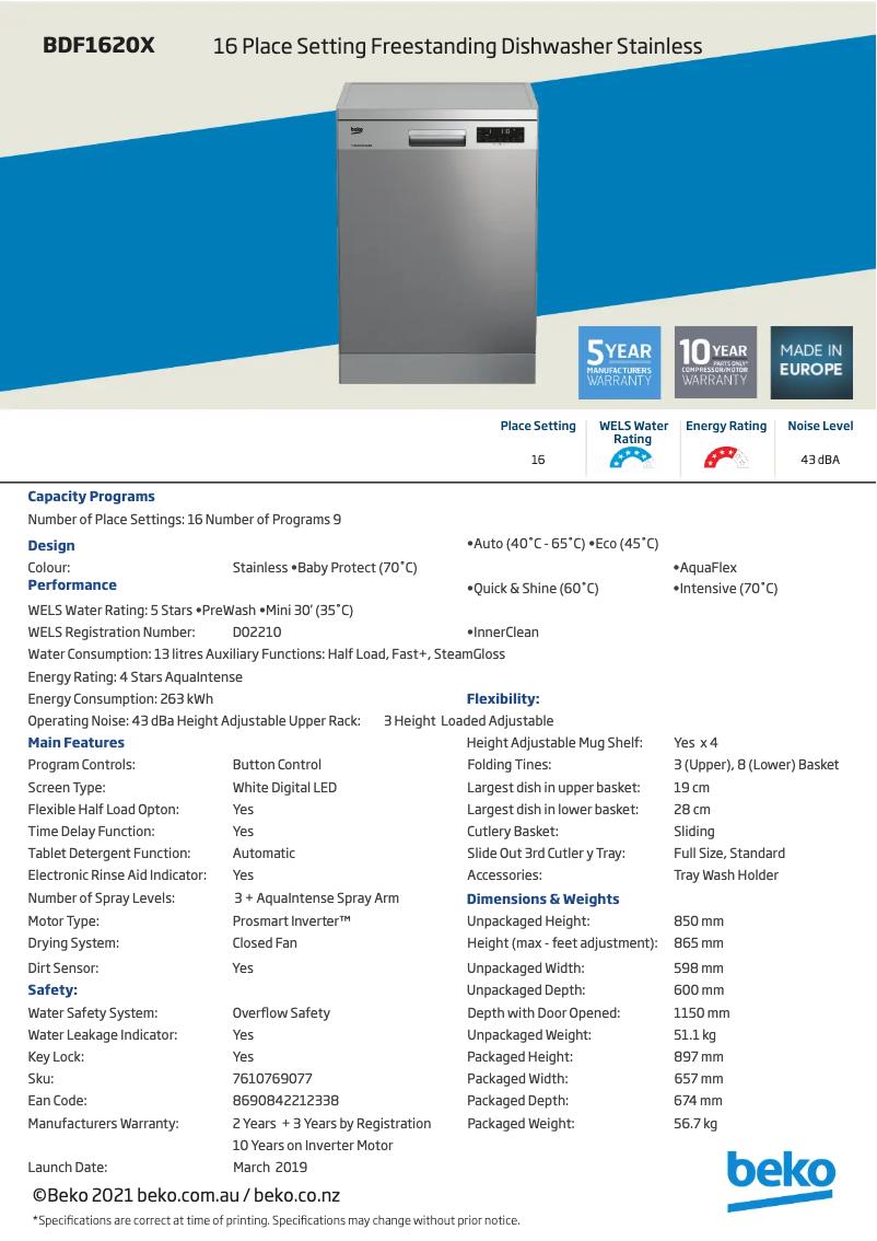 Page 1 de la notice Fiche technique Beko BDF1620X