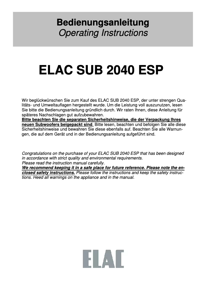 Page n°1 - Manuel utilisateur ELAC SUB 2040 ESP