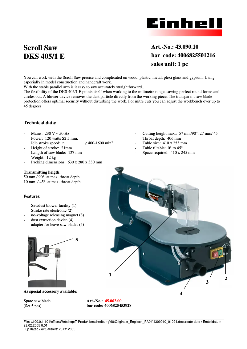 Página 1 del manual Ficha técnica Einhell DKS 405-1 E
