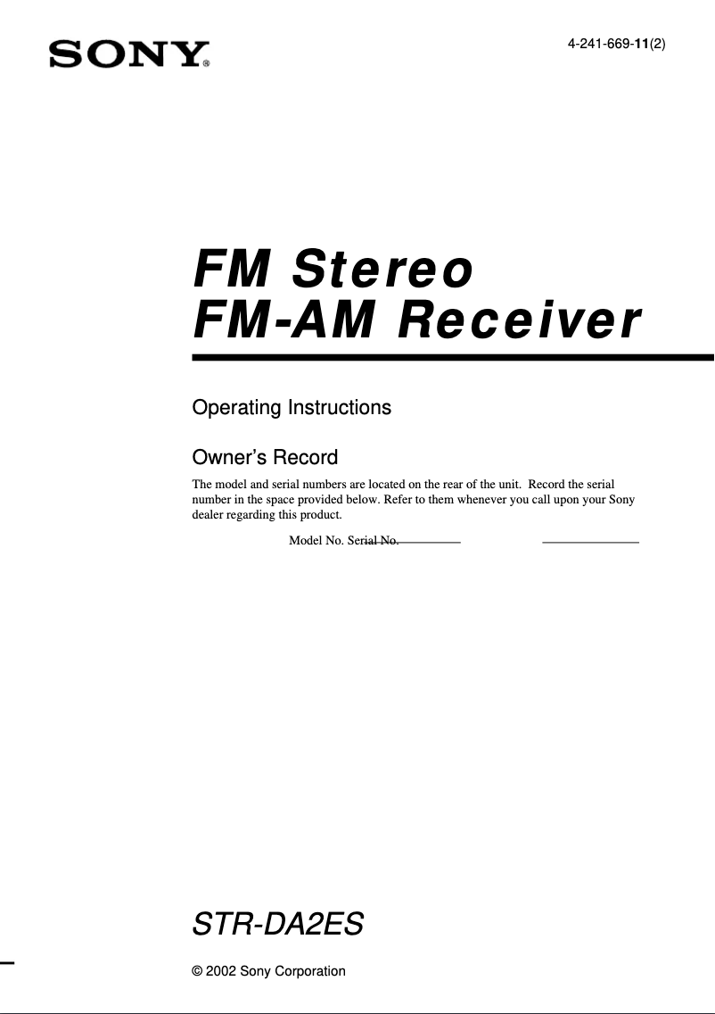 Image de la première page du manuel de l'appareil STR-DA2ES